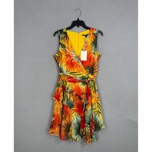 Alex Marie Dress Womens 8 Yellow Tropical Palm Leaf Faux Wrap Ruffle Tropical